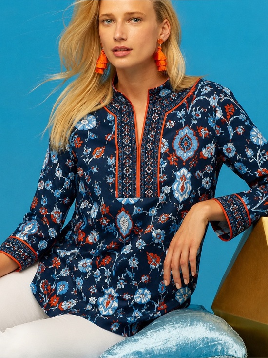 Gretchen Scott Designs Tops - Gretchen Scott Navy Floral Print Tunic Top Orange Trim 3/4 Sleeve Women Size S